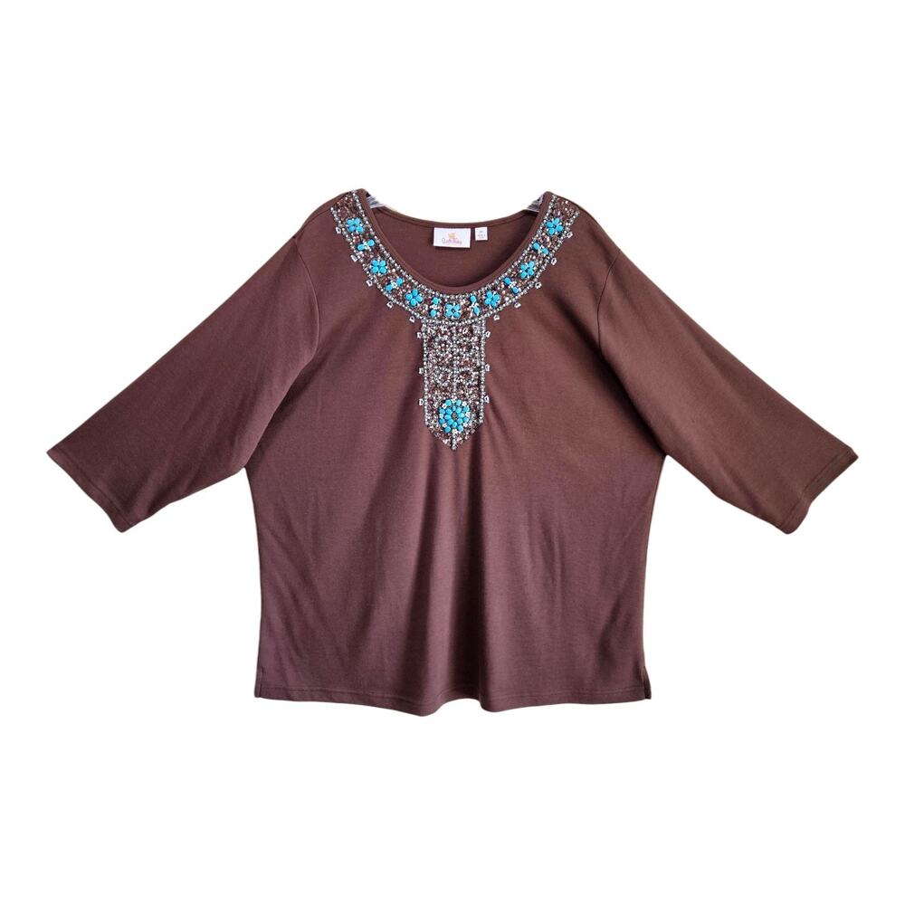 QUACKER FACTORY Women Plus 2X Tunic Top Brown Turquoise Embellished Beaded 50"